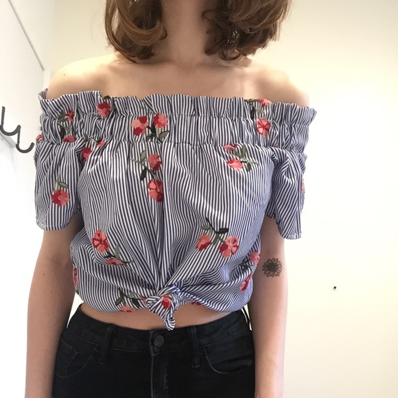 Pinstripe & floral off the shoulder top - Picture 1 of 5